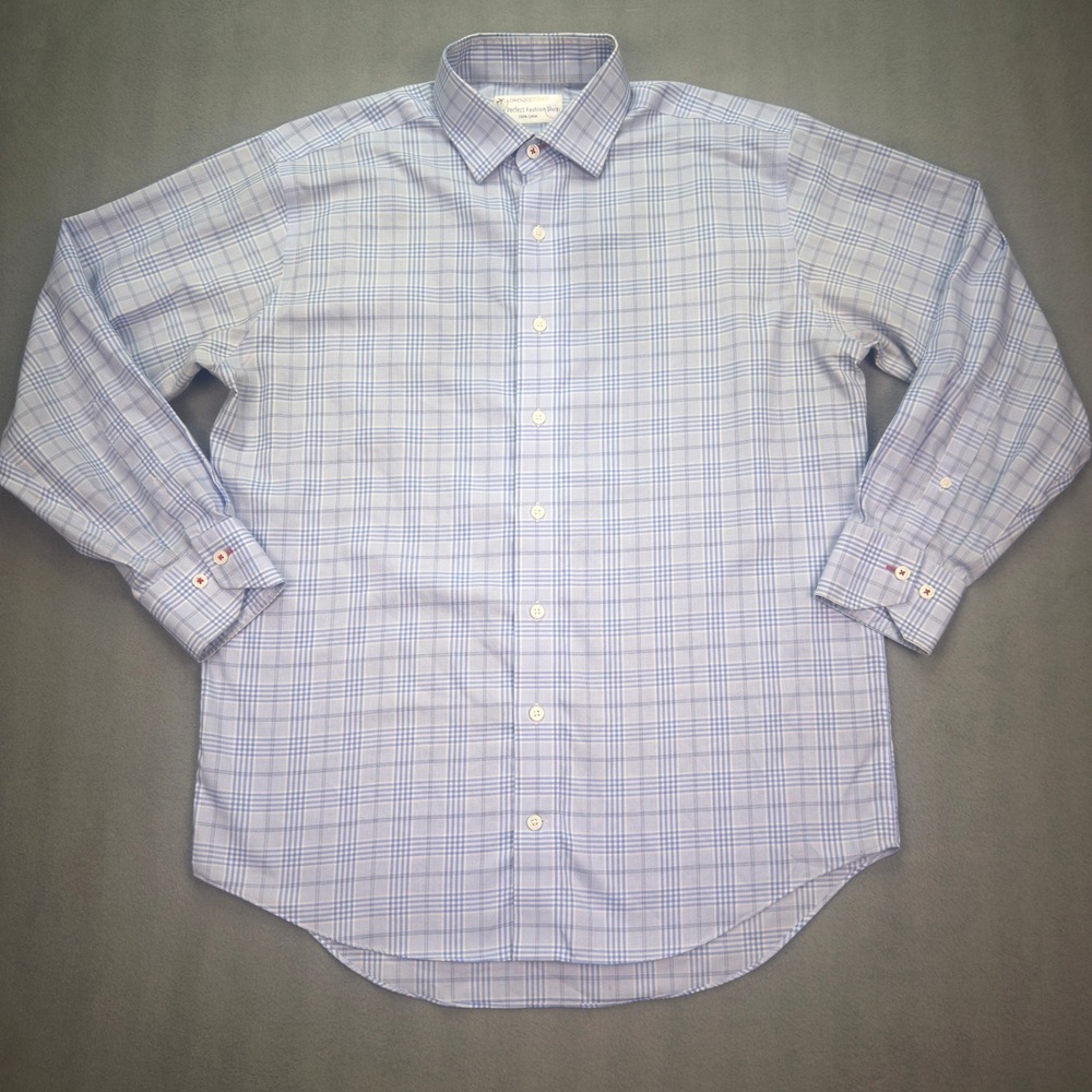 Lorenzo Uomo Perfect Fashion Shirt 16.5 32/33 Blue Plaid Button Down Cotton